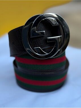 Gucci Men's Brown Leather Belt with Green & Red Web Stripe Sz32